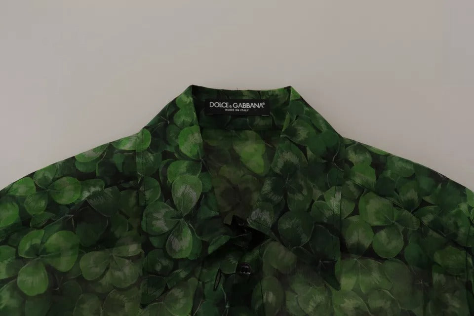 Dolce & Gabbana Grüner Kleeblattdruck Langärmeliges Oberteil Bluse mit Kragen