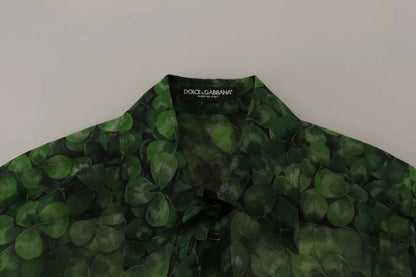 Dolce & Gabbana Grüner Kleeblattdruck Langärmeliges Oberteil Bluse mit Kragen