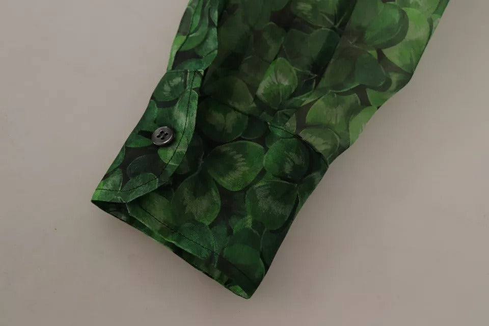 Dolce & Gabbana Grüner Kleeblattdruck Langärmeliges Oberteil Bluse mit Kragen
