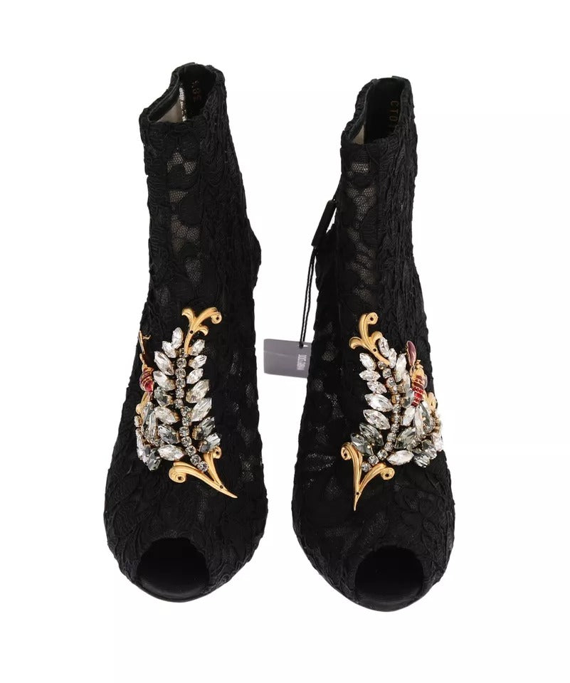 Dolce & Gabbana Schwarz Kristall Spitze Booties Stilettos Schuhe