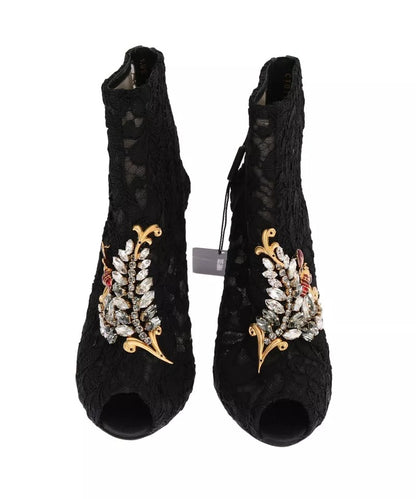 Dolce & Gabbana Schwarz Kristall Spitze Booties Stilettos Schuhe