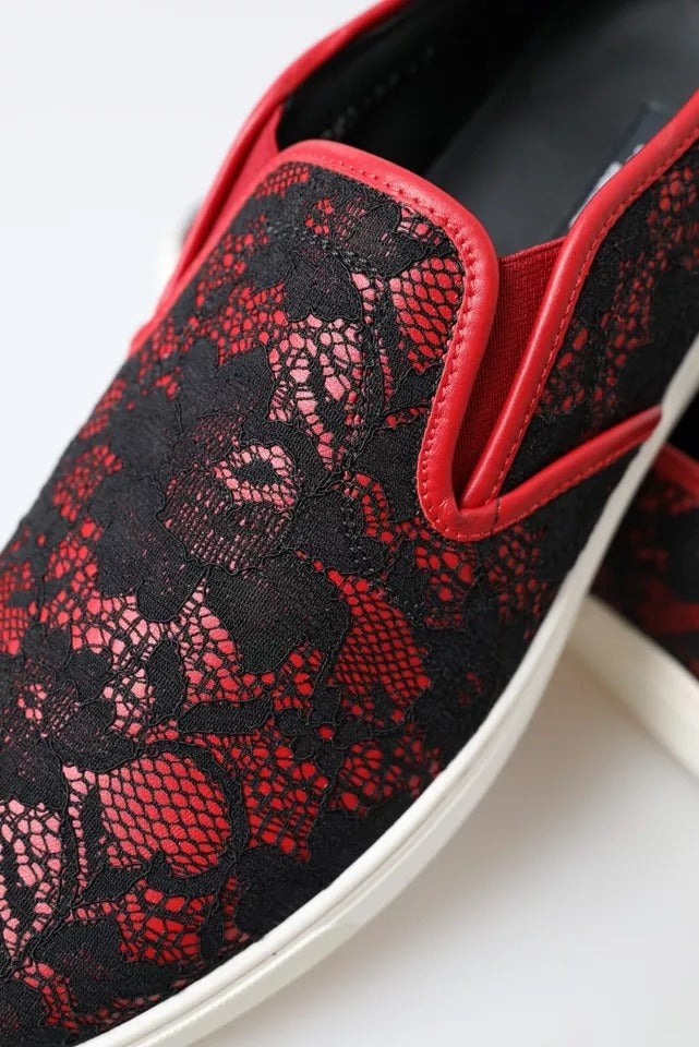 Dolce & Gabbana Schwarz Rot Spitze Slip On Low Top Sneakers Schuhe