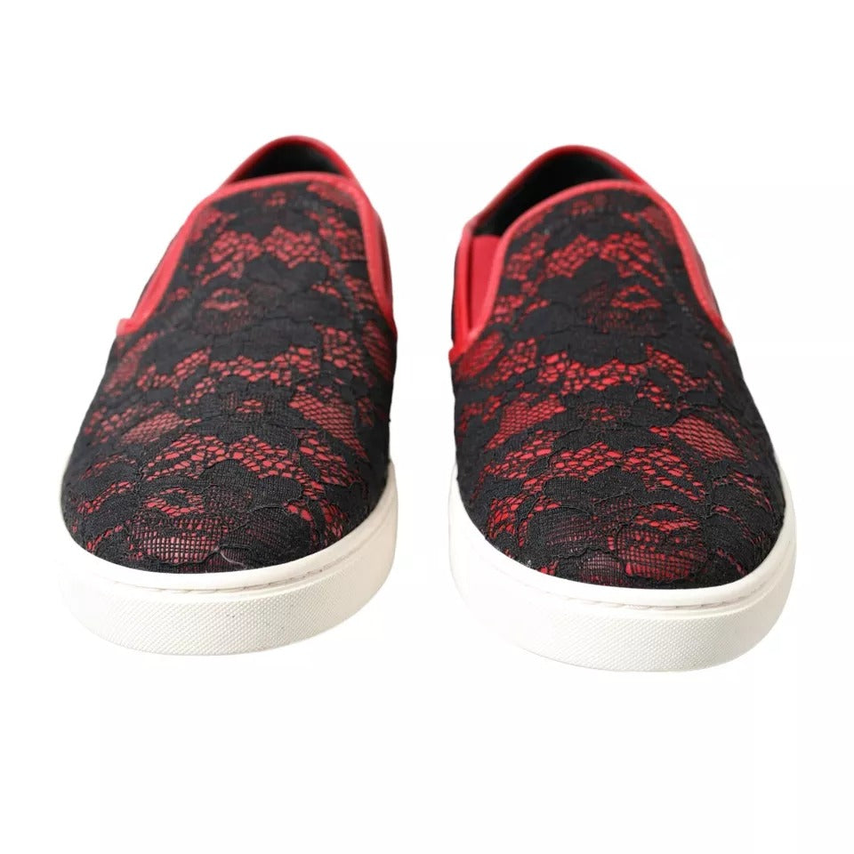 Dolce & Gabbana Schwarz Rot Spitze Slip On Low Top Sneakers Schuhe