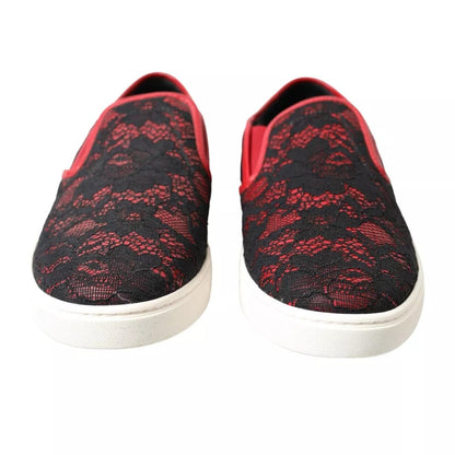 Dolce & Gabbana Schwarz Rot Spitze Slip On Low Top Sneakers Schuhe