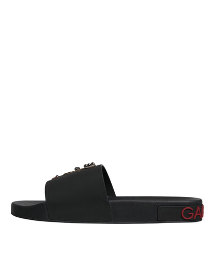Dolce & Gabbana Schwarze Leder Pantoletten Sandalen Beachwear Schuhe