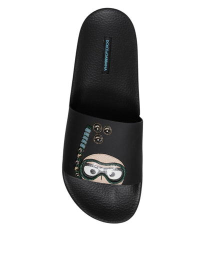 Dolce & Gabbana Schwarz Divers Leder Flats Slides Sandalen Beachwear Schuhe