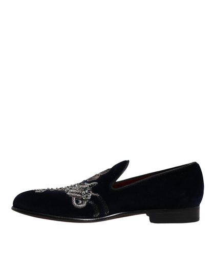 Dolce & Gabbana Schwarz Samt Floral Gun Loafers Kleid Schuhe