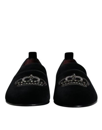 Dolce & Gabbana Schwarzer Samt Kristallkrone Loafers Formelle Kleid Schuhe
