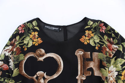 Dolce & Gabbana Schwarzes Seidenblusentop mit Blumendruck