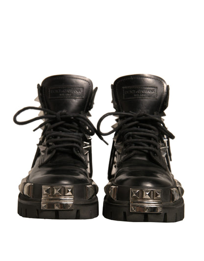 Dolce & Gabbana Schwarze Leder Nieten-Trekkingstiefel Schuhe