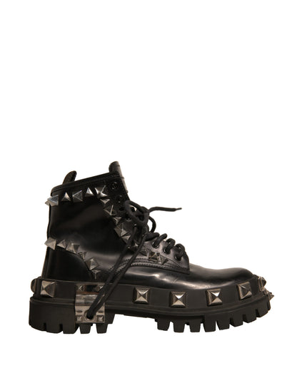Dolce & Gabbana Schwarze Leder Nieten-Trekkingstiefel Schuhe