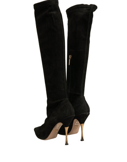 Dolce & Gabbana Schwarze Wildleder Stiletto Kniehohe Stiefel Schuhe