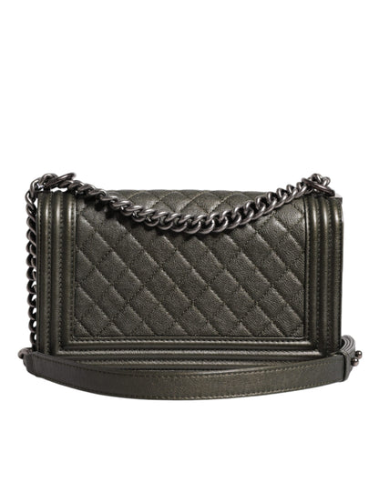Chanel Dunkelgrüne Leder-Umhängetasche Graue Metall-Geldbörse Tasche