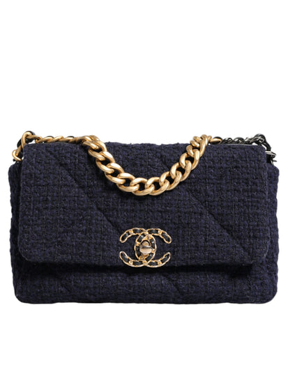 Chanel Dunkelblau Medium Flap Tweed CC Gold Gray Chain Umhängetasche