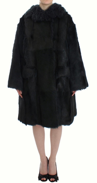 Dolce & Gabbana Schwarzer Ziegenpelz Shearling Lange Jacke Mantel