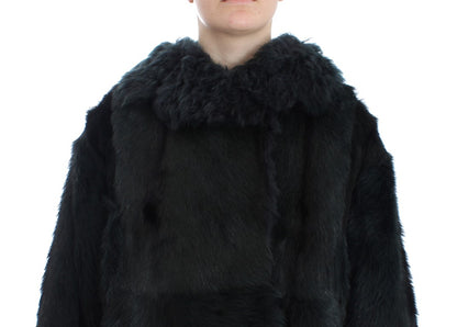 Dolce & Gabbana Schwarzer Ziegenpelz Shearling Lange Jacke Mantel