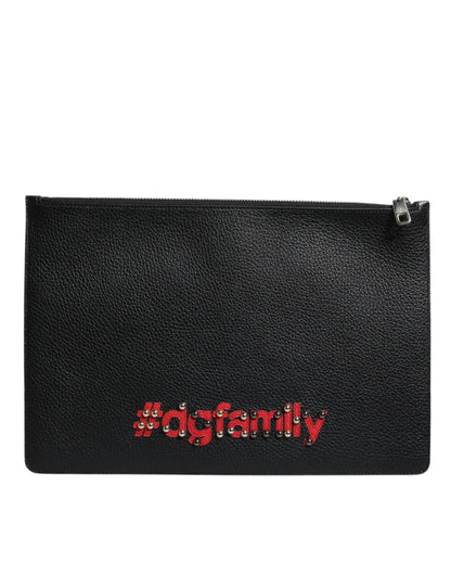 Dolce & Gabbana Schwarzes Leder #DGFAMILY verschönert Männer Zip Pouch Tasche