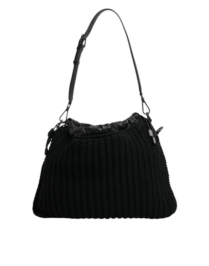Dolce & Gabbana Schwarze Umhängetasche aus Leder mit Kaschmirstrick
