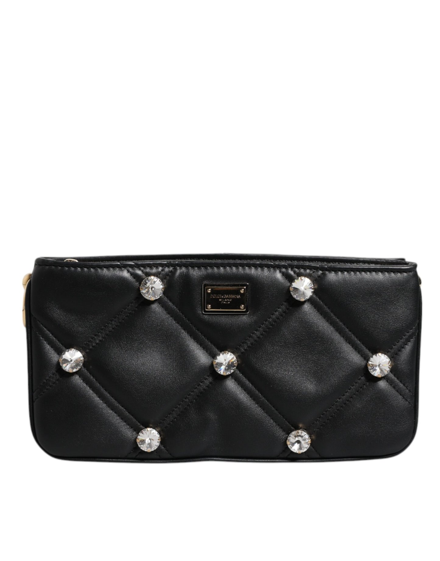 Dolce & Gabbana Schwarze Leder-Umhängetasche mit kristallbesetztem Logo