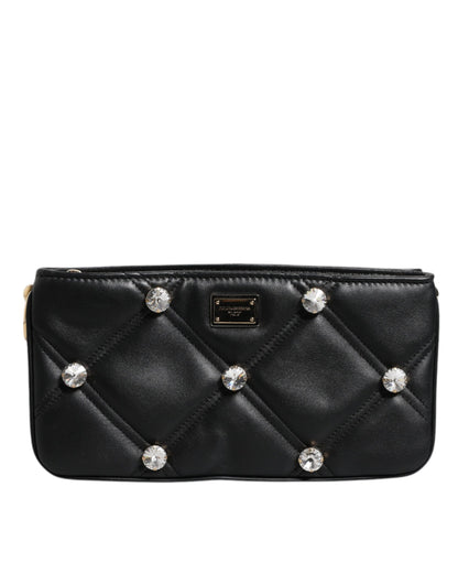 Dolce & Gabbana Schwarze Leder-Umhängetasche mit kristallbesetztem Logo