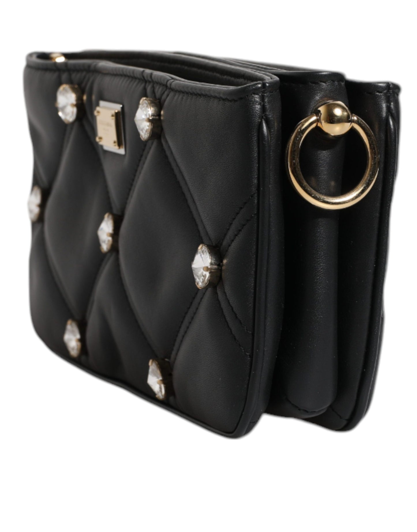 Dolce & Gabbana Schwarze Leder-Umhängetasche mit kristallbesetztem Logo