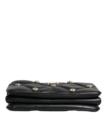 Dolce & Gabbana Schwarze Leder-Umhängetasche mit kristallbesetztem Logo
