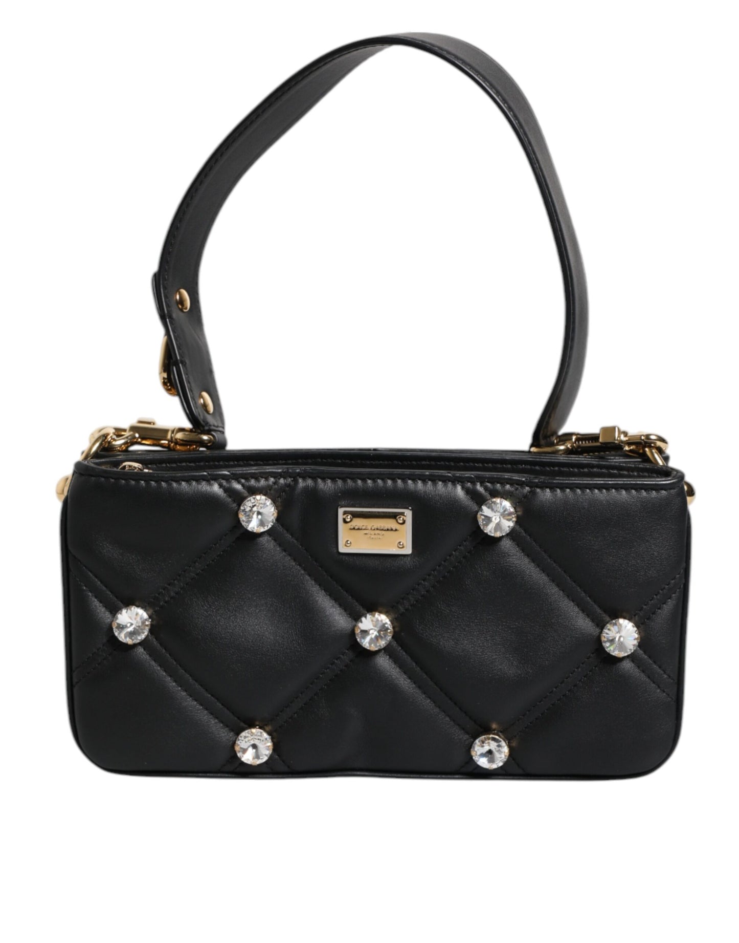 Dolce & Gabbana Schwarze Leder-Umhängetasche mit kristallbesetztem Logo