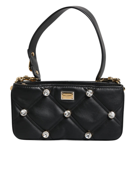 Dolce & Gabbana Schwarze Leder-Umhängetasche mit kristallbesetztem Logo