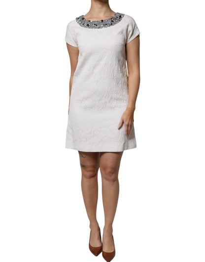 Dolce & Gabbana Weißes kristallverziertes Jacquard-Brokat-Minikleid
