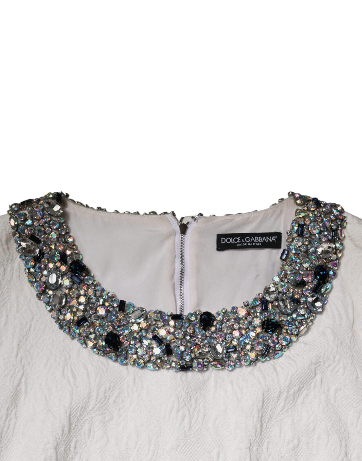 Dolce & Gabbana Weißes kristallverziertes Jacquard-Brokat-Minikleid