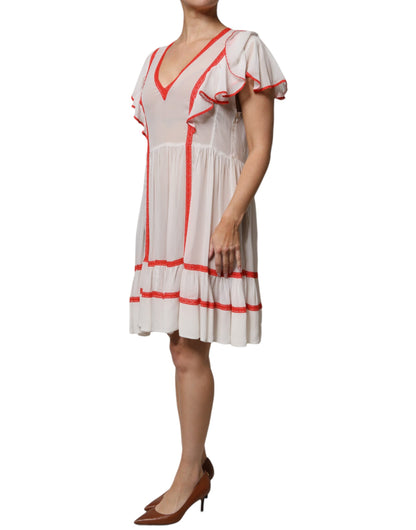 Twinset Weißes Minikleid aus Viskose mit Rüschenärmeln in A-Linie und Plissee