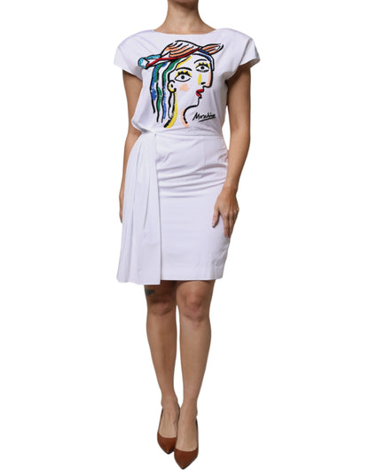 Moschino Couture Weißes bedrucktes Viskose-Minikleid