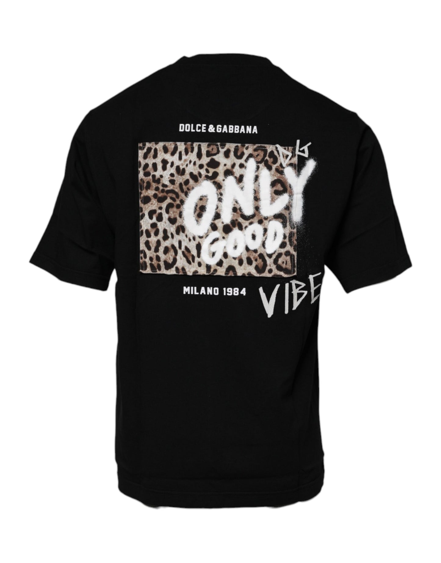 Dolce & Gabbana Schwarzes Amore Leopard Baumwoll-T-Shirt mit Rundhalsausschnitt
