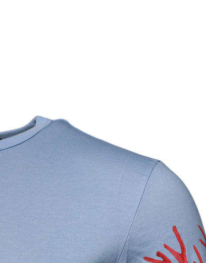 Dolce & Gabbana Hellblaues Korallenbaumwoll-T-Shirt mit Rundhalsausschnitt für Männer