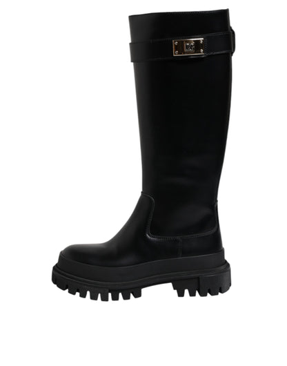 Dolce & Gabbana Schwarze DG Logo Kalb Leder Hohe Stiefel Schuhe