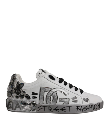 Dolce & Gabbana Weiß Silber Kristall Logo Portofino Turnschuhe Schuhe