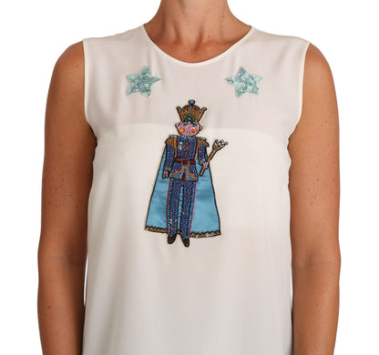 Dolce & Gabbana Weißes Seiden-Kristall-Pailletten-Fee-T-Shirt