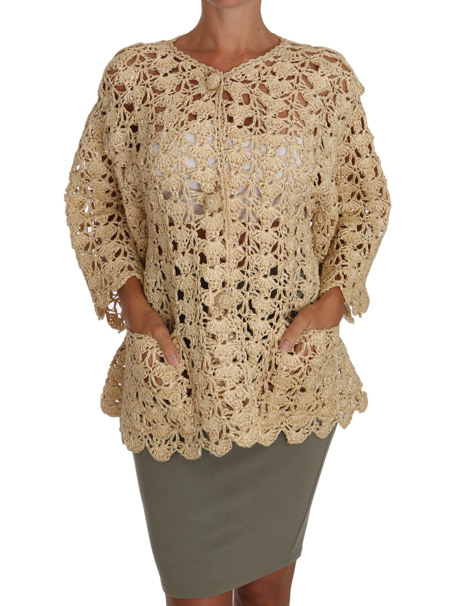 Dolce & Gabbana Beige Strickjacke gehäkelt gestrickt Raffia Pullover