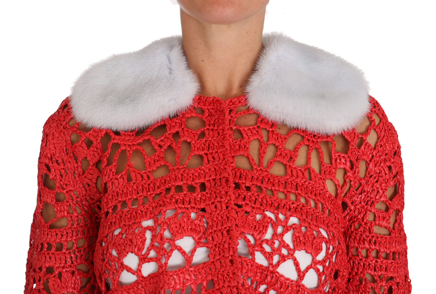 Dolce & Gabbana Rote Strickjacke gehäkelt gestrickt Raffia Pullover