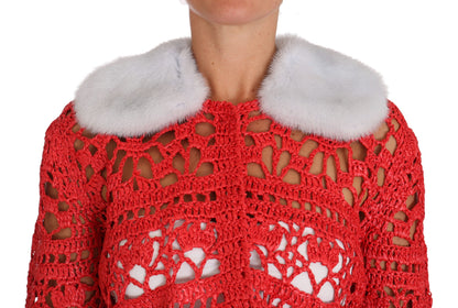 Dolce & Gabbana Rote Strickjacke gehäkelt gestrickt Raffia Pullover