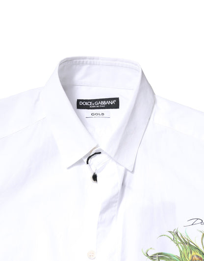 Dolce & Gabbana Weißes Pfauenfeder GOLD Hemd aus Baumwolle