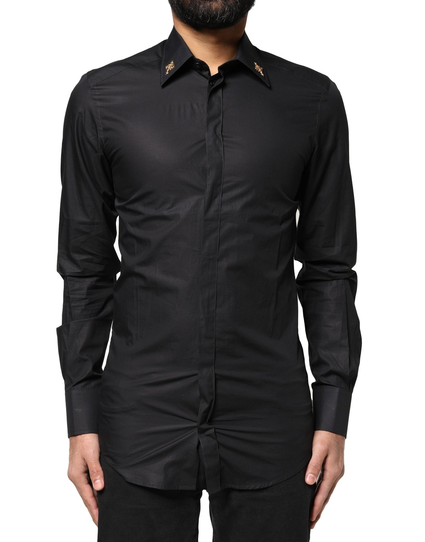 Dolce & Gabbana Schwarzes GOLD Kreuz verschönertes Herrenhemd
