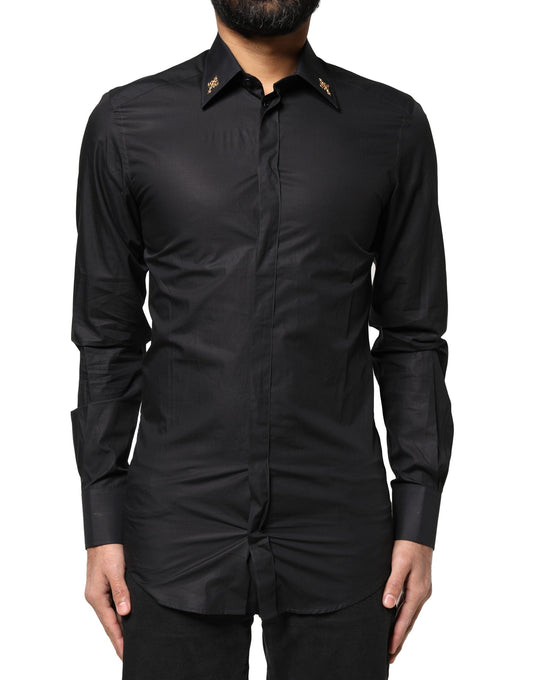 Dolce & Gabbana Schwarzes GOLD Kreuz verschönertes Herrenhemd