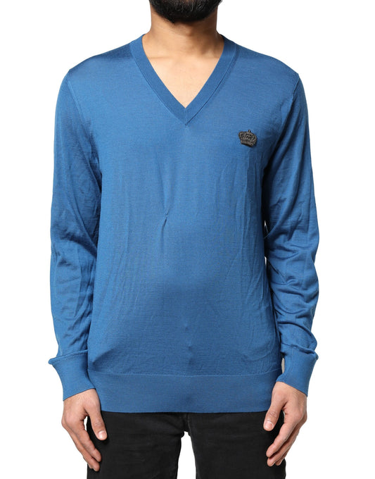 Dolce & Gabbana Blauer Kaschmir-Pullover mit V-Ausschnitt und Krone
