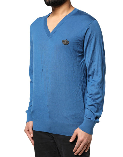 Dolce & Gabbana Blauer Kaschmir-Pullover mit V-Ausschnitt und Krone