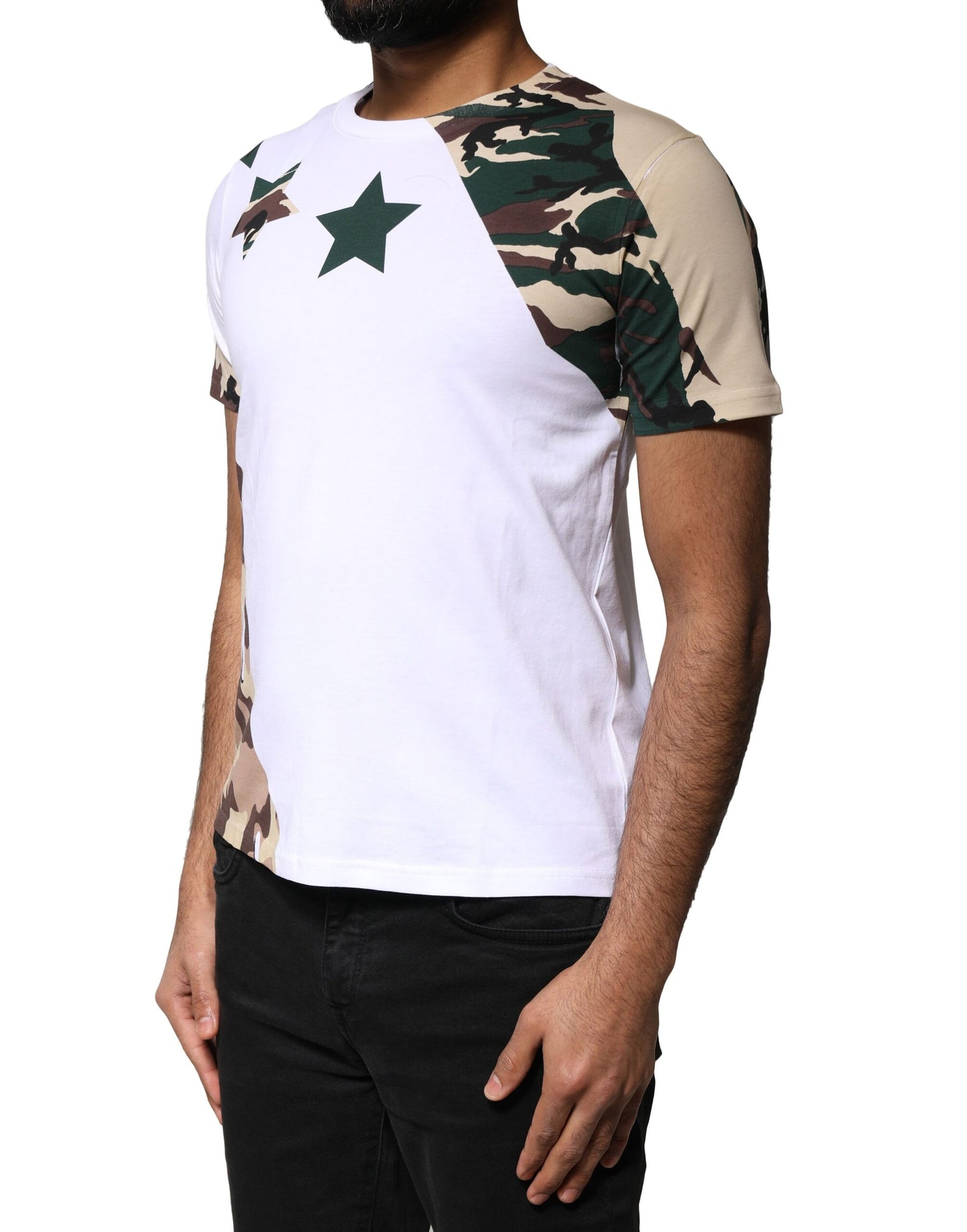Dolce & Gabbana Weißes Camouflage Sterne T-Shirt mit Rundhalsausschnitt