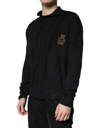 Dolce & Gabbana Schwarzer Pullover aus geknöpfter Seide mit Heraldik