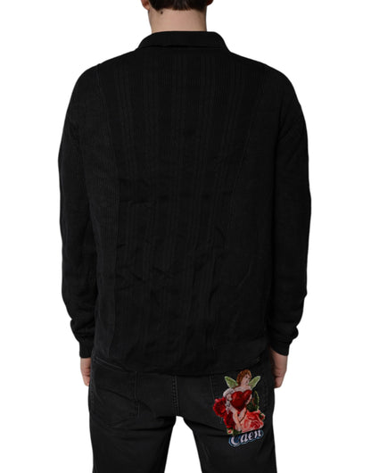 Dolce & Gabbana Schwarzer Pullover aus geknöpfter Seide mit Heraldik