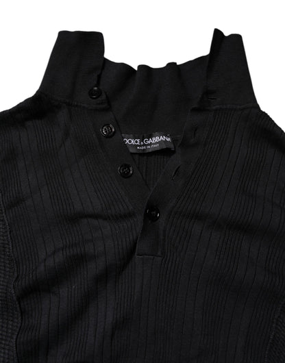 Dolce & Gabbana Schwarzer Pullover aus geknöpfter Seide mit Heraldik