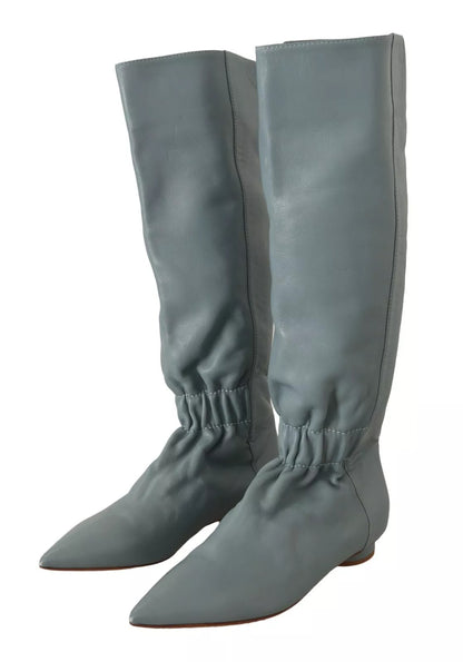 Valentino Blaues Leder Elastische Flats Pull On Kniehohe Stiefel Schuhe